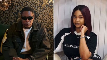 Composite of BBNaija stars Shaun and Victoria. Shaun (left) is wearing a white t-shirt under an oversized dark jacket, while Victoria (right) is dressed in a black t-shirt with bold white lettering.