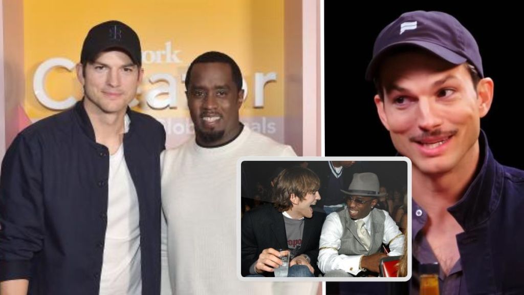 A composite featuring mogul Sean Diddy and actor Ashton Kutcher. On the left, Sean Diddy is dressed in a dark suit with a white shirt, while Ashton Kutcher wears a navy blue baseball cap, white t-shirt, and dark jacket. In the middle, both are seen together, with Sean Diddy in a white suit and black undershirt, and Ashton Kutcher in a light-colored baseball cap and dark clothing. On the right, Ashton Kutcher appears alone, dressed casually in a navy blue baseball cap, white t-shirt, and dark jacket.