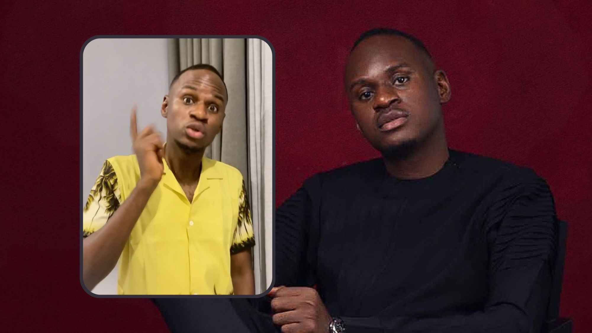 Composite featuring Big Brother Naija star Action Ben in two contrasting scenes; one captures him actively gesturing in a bright yellow shirt, while the other shows him seated contemplatively in somber black attire against a rich red backdrop.