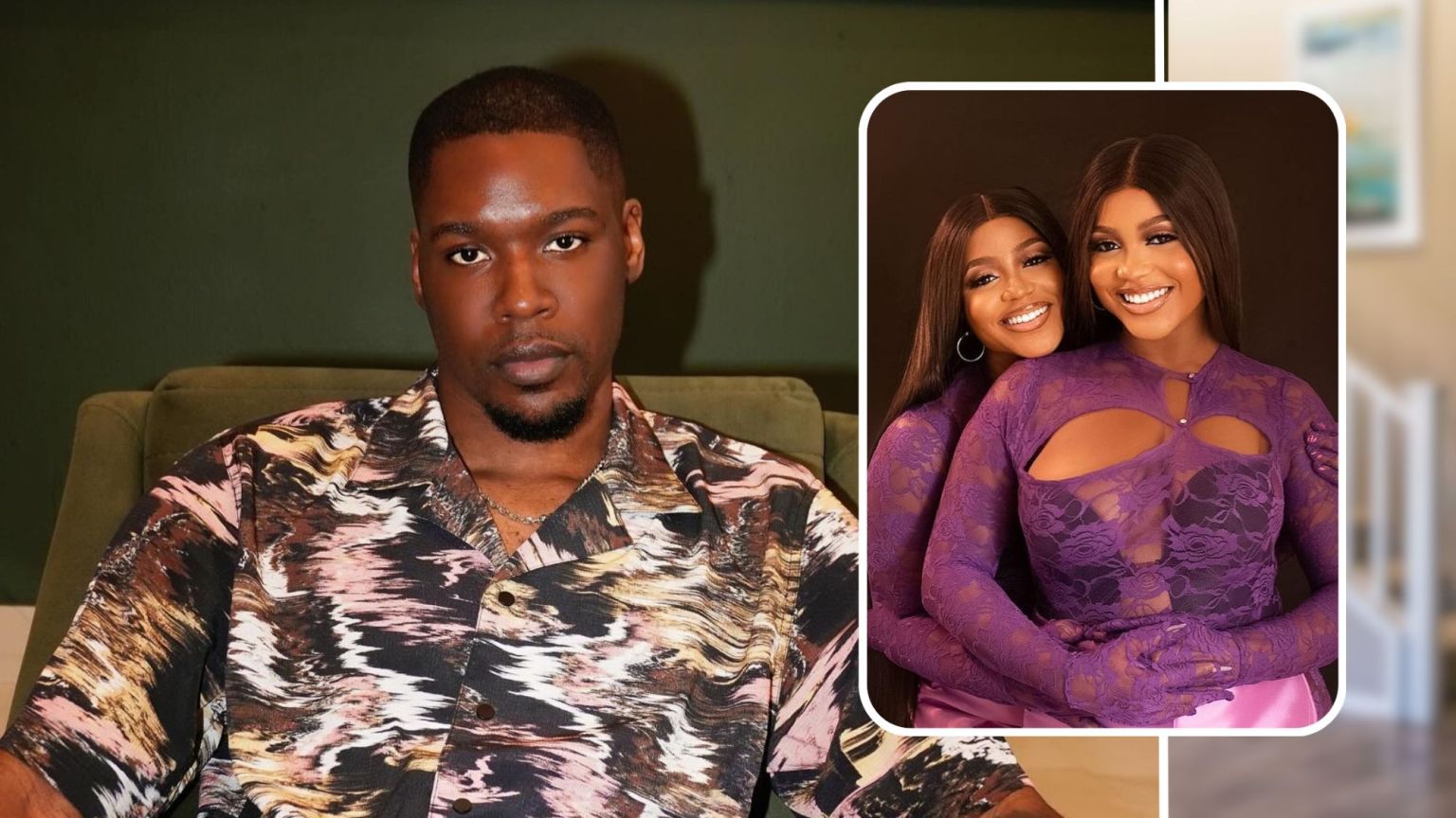 Composite of BBNaija stars Shaun and twin sisters Wanni and Handi. Shaun is wearing a patterned shirt with earthy tones and is seated on a green couch. Wanni and Handi, dressed in matching purple outfits with cut-out details, are seated closely together