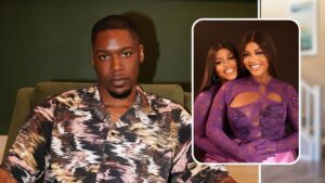 Composite of BBNaija stars Shaun and twin sisters Wanni and Handi. Shaun is wearing a patterned shirt with earthy tones and is seated on a green couch. Wanni and Handi, dressed in matching purple outfits with cut-out details, are seated closely together
