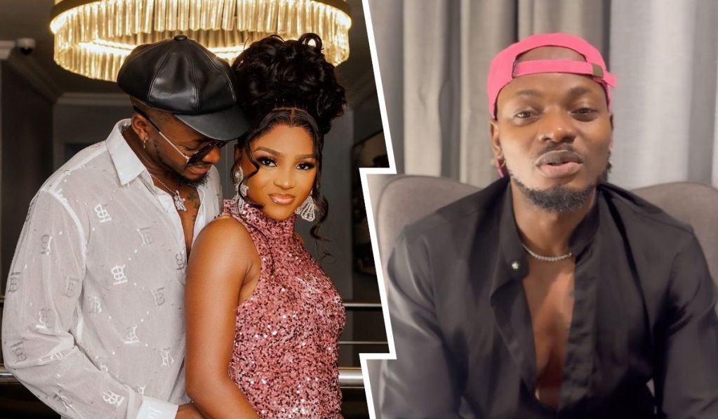 A stylish BBNaija stars and couple Kellyrae and Kassia pose together, showcasing a glamorous look with Kassia in a sparkling dress and the Kellyrae in a fashionable outfit. In a separate frame, a Kellyrae in a casual black shirt and pink cap speaks directly to the camera, creating a dynamic representation of their personalities.