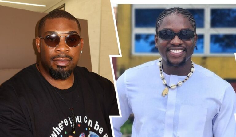 Portraits of Don Jazzy and Verydarkman: Don Jazzy is wearing sunglasses and a black T-shirt, while the Verydarkman is smiling in a traditional outfit adorned with a necklace. The background features a bright and colorful setting.