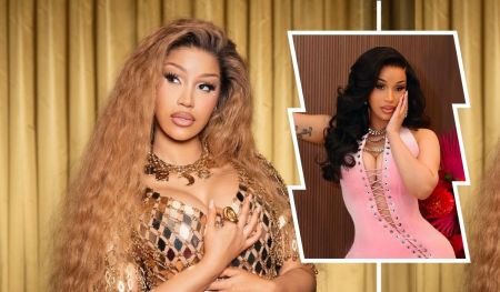 Cardi B with long, wavy hair, wearing a shimmering gold outfit, poses confidently. A smaller, inset photo shows her in a form-fitting pink dress, striking a playful pose against a vibrant backdrop.