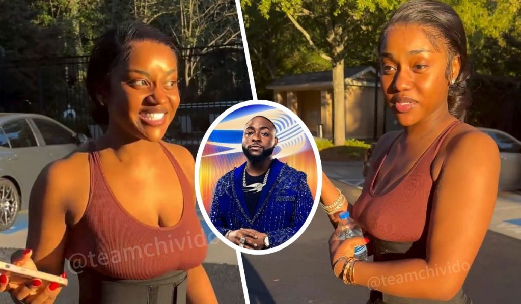 A joyful moment featuring Chioma, smiling as she engages with friends outdoors, while a stylish portrait ofDavido is featured in the background, highlighting the couple's connection. Sunlight enhances the lively atmosphere, capturing their vibrant personalities.