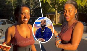A joyful moment featuring Chioma, smiling as she engages with friends outdoors, while a stylish portrait ofDavido is featured in the background, highlighting the couple's connection. Sunlight enhances the lively atmosphere, capturing their vibrant personalities.
