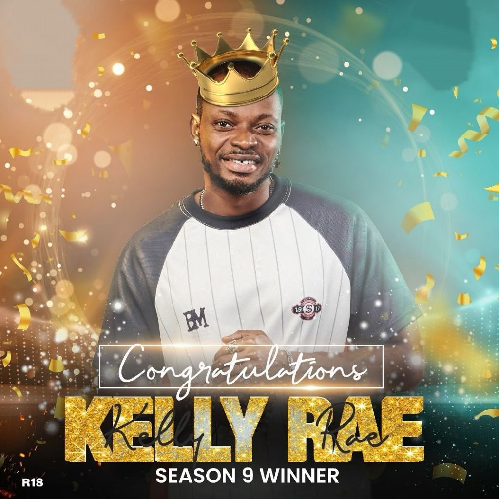 BBNaija star Kellyrae, wearing a golden crown and a stylish black and white shirt. He is smiling confidently against a vibrant background of swirling colors and confetti, with the text "Congratulations Kellyrae Season 9 Winner" prominently displayed.