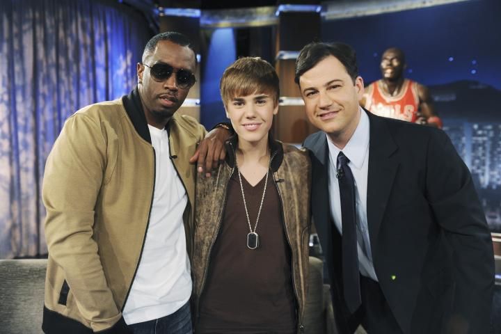 Collage featuring Justin Bieber and Diddy Combs, showcasing their friendship over the years. Young Bieber with Diddy, and Jimmy Kimmel