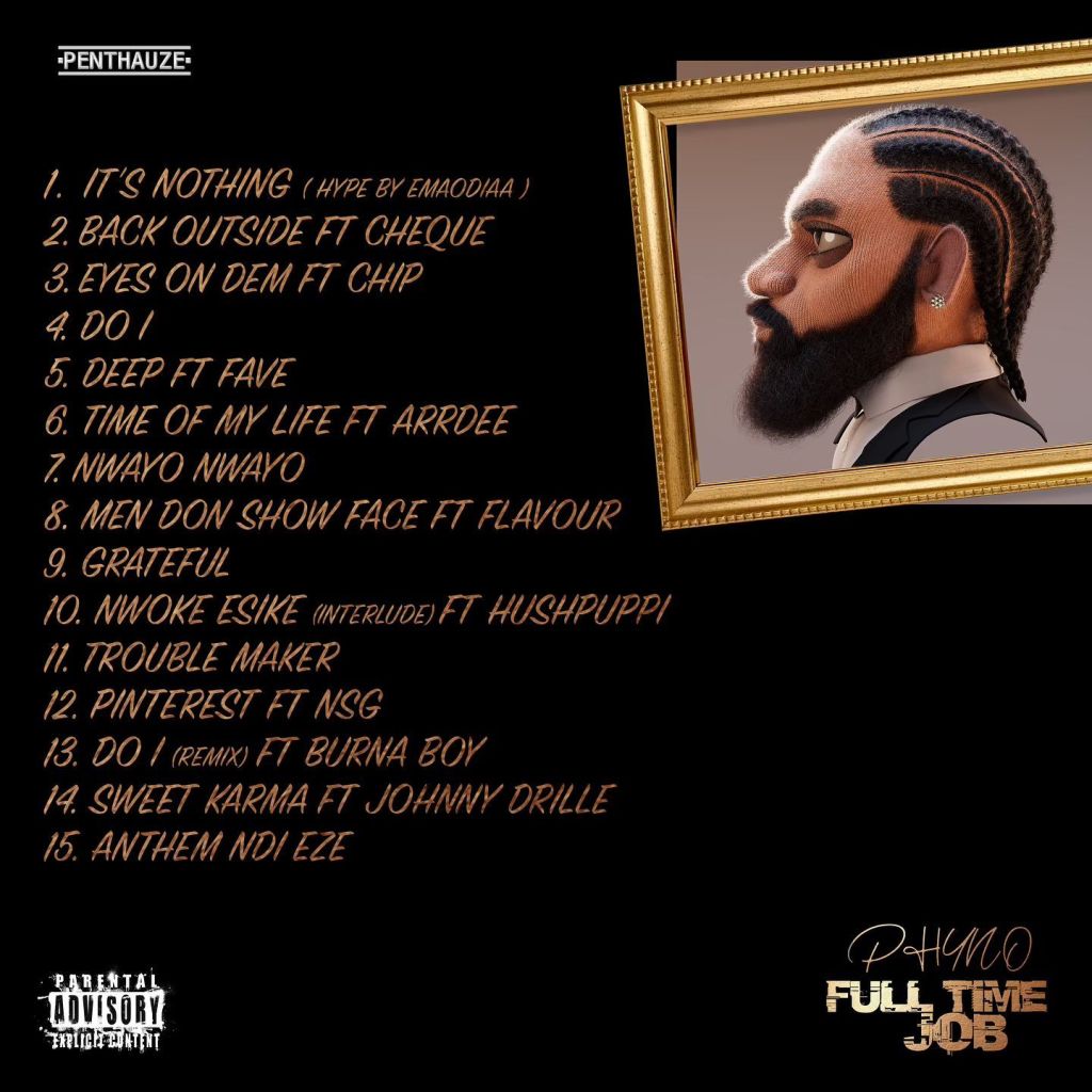 The cover art displaying the track list of Phyno's 5th studio album, Full Time Job