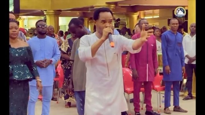 A smaller inset showing the Pastor Odumeje actively engaging with his congregation, emphasizing his lively preaching style. The background includes attendees, highlighting the vibrant atmosphere of the event.