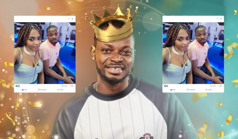A vibrant composite featuring Kellyrae, wearing a crown and smiling confidently at the center, with side-by-side selfies of him and his wife, Kassia, displayed in the background. The backdrop is adorned with sparkles, creating a celebratory atmosphere.