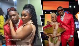 A collage featuring BBNaija stars Wanni and Shaun. On the left, Wanni and Shaun pose together in stylish outfits, with Wanni wearing a chic top and Shaun in a striking red suit. The right side shows them celebrating on stage, with Wanni holding bouquets of flowers and flashing bright smiles, capturing a joyful moment from their post-BBNaija experience.