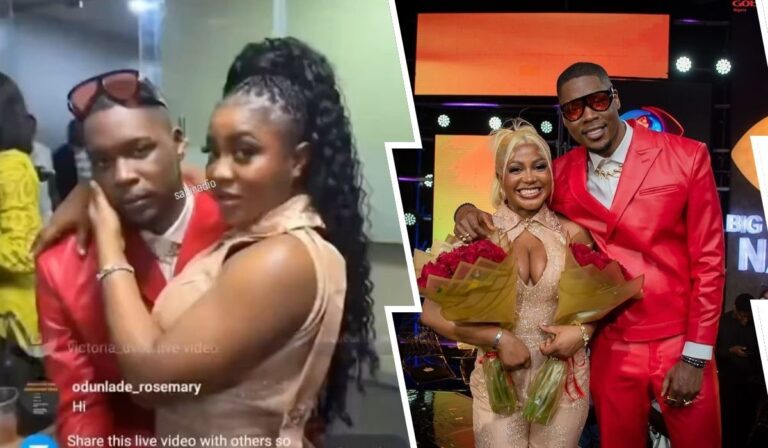 A collage featuring BBNaija stars Wanni and Shaun. On the left, Wanni and Shaun pose together in stylish outfits, with Wanni wearing a chic top and Shaun in a striking red suit. The right side shows them celebrating on stage, with Wanni holding bouquets of flowers and flashing bright smiles, capturing a joyful moment from their post-BBNaija experience.