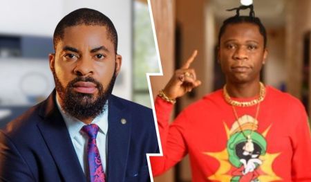 A professional-looking Lawyer Deji Adeyanju with a beard and formal attire is on the left, while on the right, rapper Speed Darlington in a bright red shirt with cartoon graphics raises a finger in an expressive gesture. The background contrasts between a neutral setting and a vibrant indoor scene.