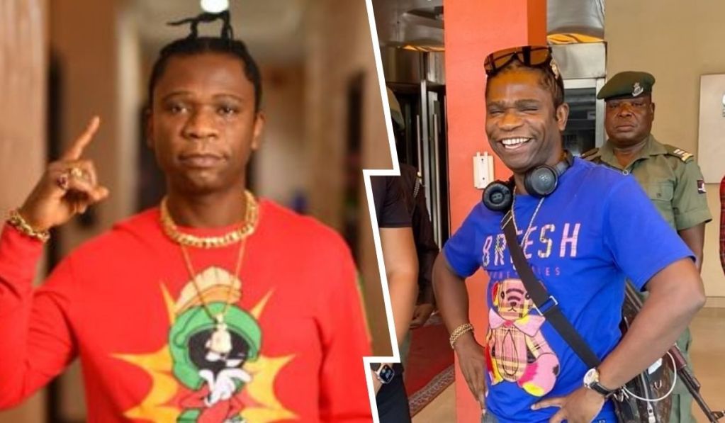 Rapper Speed Darlington is featured in a collage, with the left showing him in a red shirt and a confident pose, and the right capturing him in a blue graphic tee, smiling widely while standing casually.