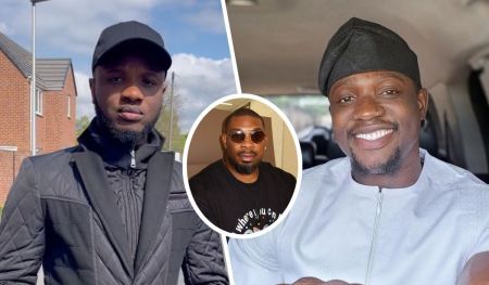 Comedian Dee One stands on the left wearing a black jacket and cap. Don Jazzy, in the center, is framed in a circular cutout, wearing sunglasses and a black shirt. Verydarkman is on the right, smiling in traditional attire. The background features a suburban setting with houses and a clear blue sky.