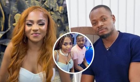 A composite featuring three segments: on the left, a smiling BBNaija star Kassia with long, wavy orange hair; in the center, Kellyrae and Kassia, Kassia with braids and the Kellyrae in a light pink shirt, sitting together; and on the right, Kellyrae with a short beard, wearing a dark blue shirt, looking directly at the camera.