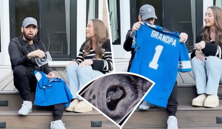 A heartwarming moment featuring rapper Eminem and his daughter, Hailie Jade, sitting together on a porch. Eminem is holding up a blue shirt that says "Grandpa" while Hailie smiles next to him. A sonogram showing a heart-shaped image is inset in the foreground, revealing Hailie's pregnancy announcement.