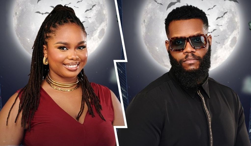 Collage featuring BBNaija stars Onyeka (left) smiling in a red dress with accessories, and Ozee (right) wearing sunglasses and a black shirt, both set against a backdrop of a full moon and silhouettes of bats.