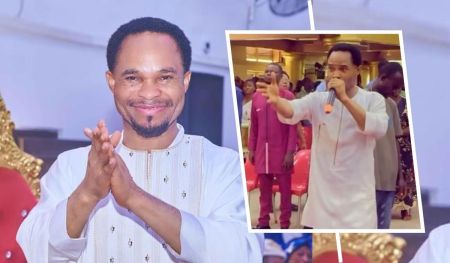 Pastor Odumeje smiling and gesturing with his hands while speaking into a microphone during a worship service. Additionally, there is a smaller inset showing the pastor actively engaging with his congregation, emphasizing his lively preaching style. The background includes attendees, highlighting the vibrant atmosphere of the event.