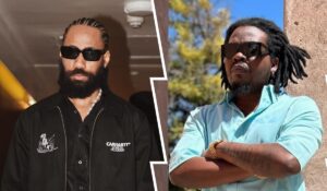 Two Nigerian rappers, Phyno and Olamide, posing side by side. Phyno, on the left, has a beard and wears sunglasses with a black jacket. Olamide, on the right, has dreadlocks and wears a light blue shirt, also sporting sunglasses.