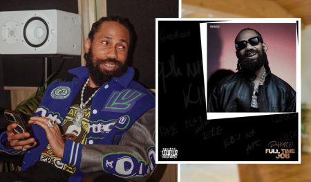 A collage featuring rapper Phyno, with a candid photo of him smiling and holding a phone on the left, and the cover art of his latest studio album, "Full Time Job," on the right. The album cover displays a bold, stylish image of Phyno, highlighting the album title in a striking font against a dark background.