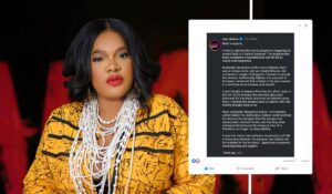 A portrait of actress Toyin Abraham alongside a screenshot of her social media post. In the post, she addresses allegations regarding unpaid debts to a fashion designer, clarifying her involvement during the production of the movie "Malaika" and providing details about her interactions with the designer and team members. She expresses her intention to clear up any misunderstandings and assures her audience of her responsibility.