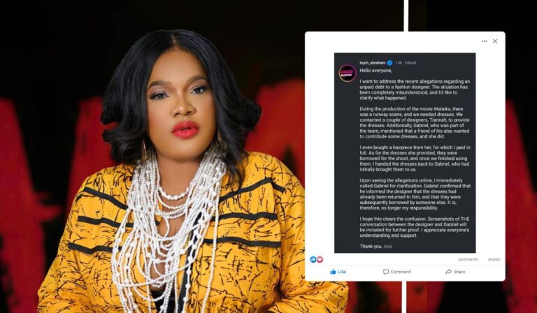 A portrait of actress Toyin Abraham alongside a screenshot of her social media post. In the post, she addresses allegations regarding unpaid debts to a fashion designer, clarifying her involvement during the production of the movie "Malaika" and providing details about her interactions with the designer and team members. She expresses her intention to clear up any misunderstandings and assures her audience of her responsibility.