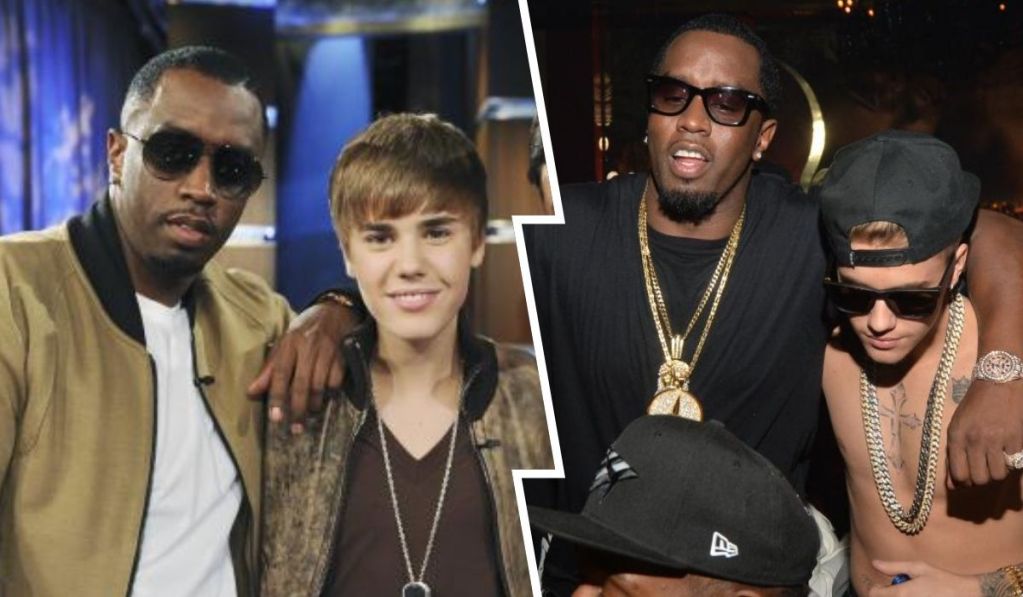 Collage featuring Justin Bieber and Diddy Combs, showcasing their friendship over the years. The left side depicts a young Bieber with Diddy, while the right side captures a more recent moment of the two enjoying a night out together.