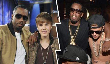 Collage featuring Justin Bieber and Diddy Combs, showcasing their friendship over the years. The left side depicts a young Bieber with Diddy, while the right side captures a more recent moment of the two enjoying a night out together.