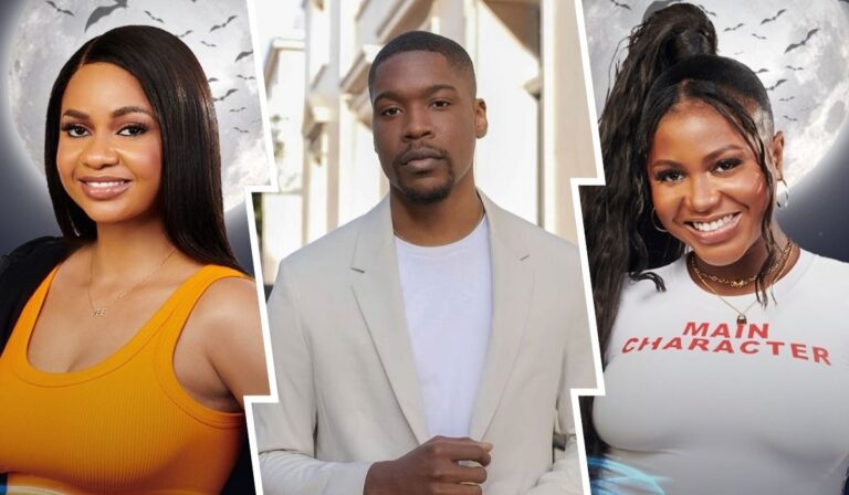 A collage featuring three BBNaija stars: Victoria on the left side in an orange top, Shaun in the middle wearing a light gray blazer, and Wanni on the right, smiling in a shirt that reads "MAIN CHARACTER." The background includes a moon and silhouette of bats, creating a vibrant and engaging atmosphere.