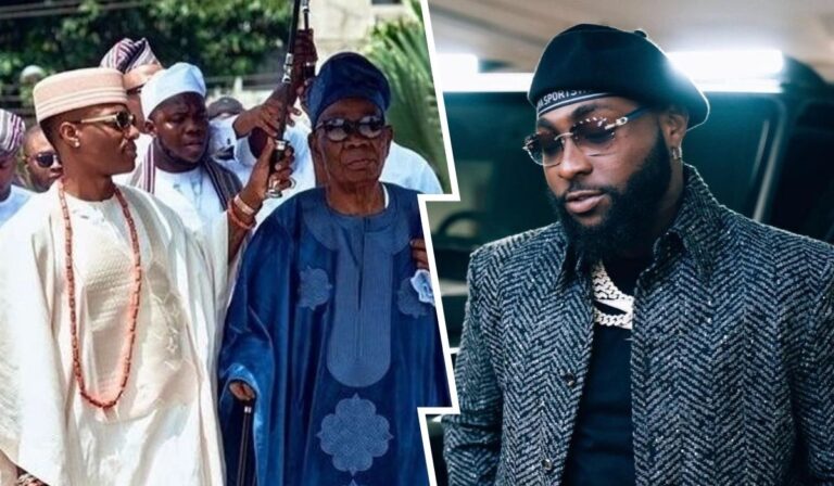 A collage featuring singer Wizkid with his father, Chief Munir Balogun, in traditional attire on the left, and renowned artist Davido in stylish attire on the right.