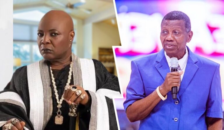 A split collage featuring Charly Boy, known for his distinctive style and bold personality, and Pastor Adeboye, a prominent Nigerian pastor, speaking at an event. Charly Boy is dressed in a black robe with accessories, while Pastor Adeboye is in a blue suit holding a microphone.