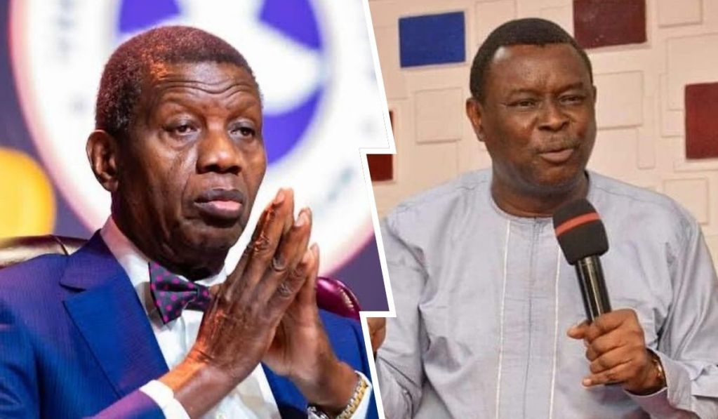 A collage featuring two Nigerian pastors. On the left, a Pastor Enoch Adeboye in a formal suit with a bow tie, looking contemplative. On the right, Pastor Mike Bamiloye in a light-coloured traditional outfit, speaking into a microphone with a confident expression.
