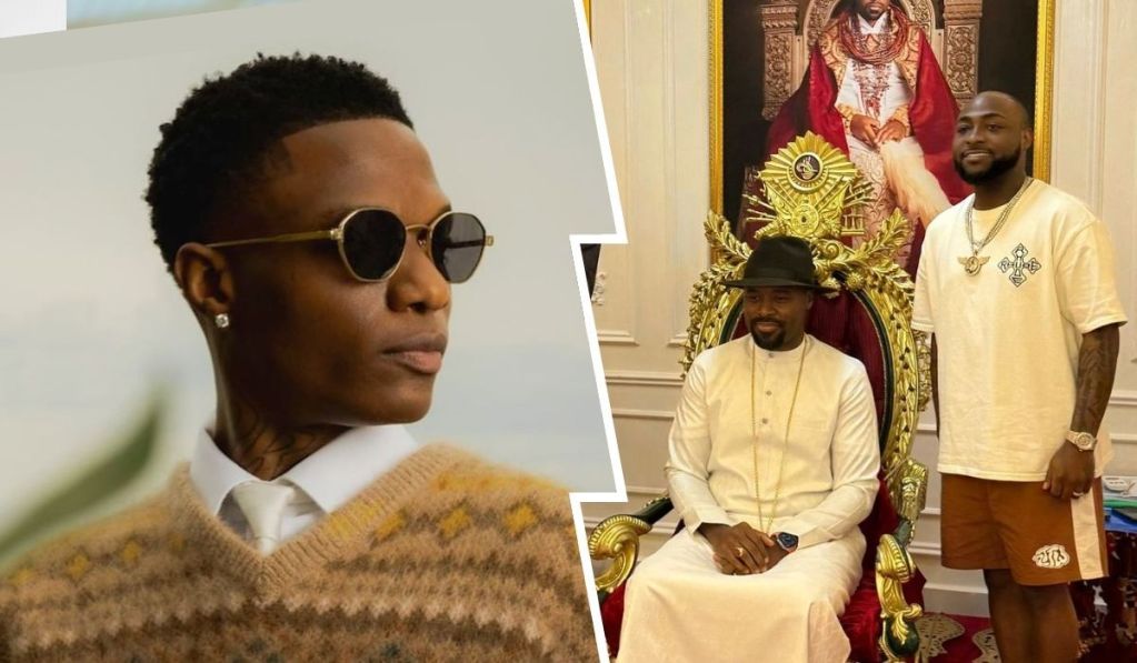 Wizkid in sunglasses and a patterned sweater on the left, while the Olu of Warri is seated in ornate attire, and Davido stands beside him on the right, dressed casually.