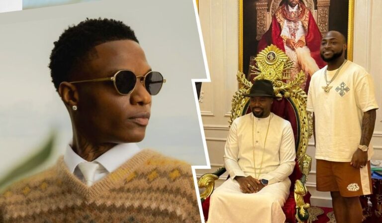 Wizkid in sunglasses and a patterned sweater on the left, while the Olu of Warri is seated in ornate attire, and Davido stands beside him on the right, dressed casually.