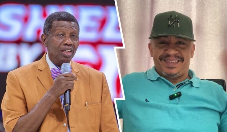 A split collage featuring Pastor Adeboye and Daddy Freeze: on the left, Pastor Adeboye in a brown suit speaking into a microphone, and on the right, Daddy Freeze with a light blue shirt and a cap, smiling at the camera. The background includes colorful text associated with a media or event.