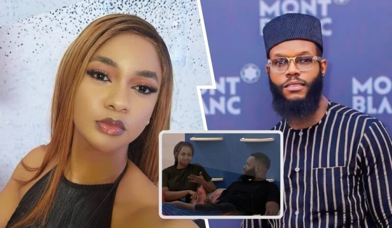 A composite featuring BBNaija stars Victoria on the left and Ozee on the right. In the middle, a smaller frame shows Victoria and Ozee engaged in a conversation. Victoria has long hair and is wearing a black top, while Ozee is dressed in a traditional outfit with a hat and glasses.