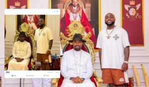 A composite features Afropop singer Davido posing alongside the Olu of Warri, who is seated regally in an ornate throne. Davido stands beside him, dressed casually in a white t-shirt and shorts, showcasing a moment of cultural respect and connection. The backdrop highlights royal imagery, emphasizing the significance of the visit.