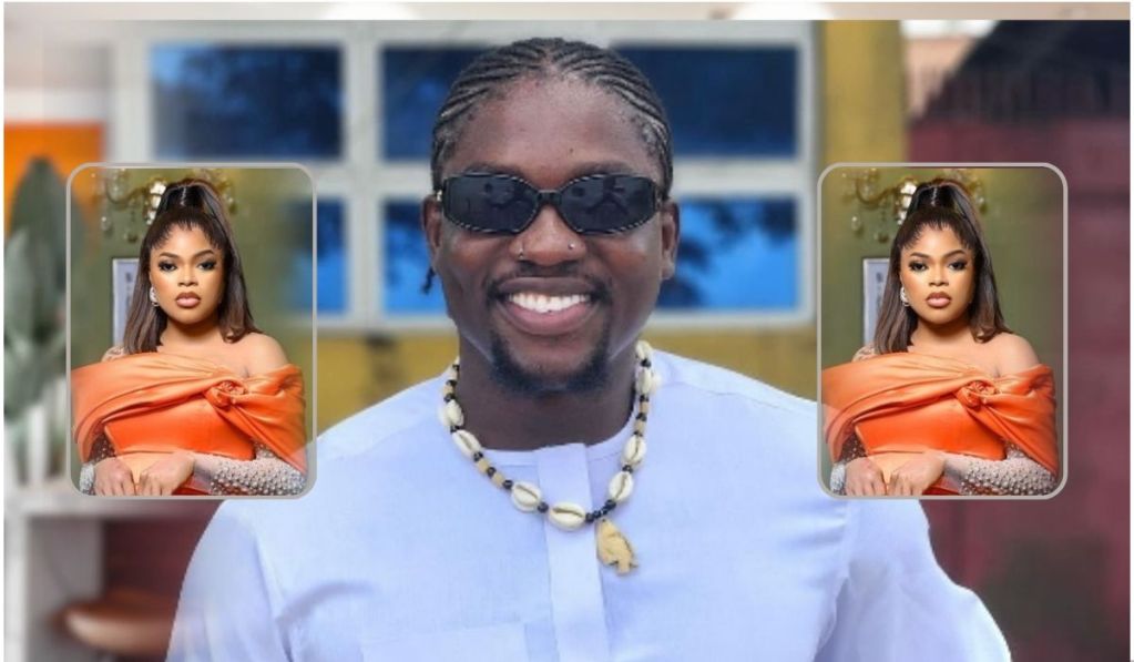 A central figure, an activist, Verydarkman is smiling while wearing sunglasses and a traditional outfit, adorned with a necklace. On either side, there are composites of a cross-dresser, Bobrisky dressed in an elegant orange outfit with long hair, presenting a glamorous look. The background features a colorful indoor setting.