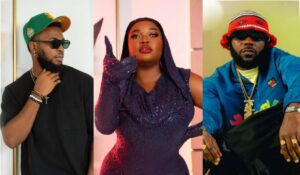 BBNaija stars Zion and Chinwe, alongside rapper Odumodublvck, in a collage. Zion, on the left, wears a black shirt, sunglasses, and a green cap. Chinwe, in the center, showcases a shimmering outfit with a hood, gesturing confidently. Odumodublvck, on the right, sports a vibrant blue jacket and a red hat, exuding a stylish vibe.