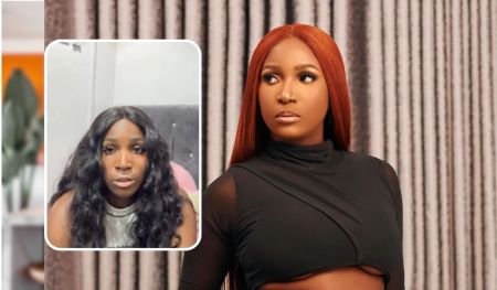 A composite featuring BBNaija star Damilola. The left shows her in a casual video call setting with wavy hair, while the right depicts her in a glamorous pose with sleek, straight red hair, showcasing her stylish look against a backdrop of textured curtains.