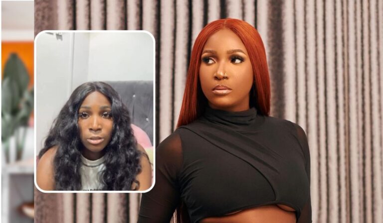 A composite featuring BBNaija star Damilola. The left shows her in a casual video call setting with wavy hair, while the right depicts her in a glamorous pose with sleek, straight red hair, showcasing her stylish look against a backdrop of textured curtains.