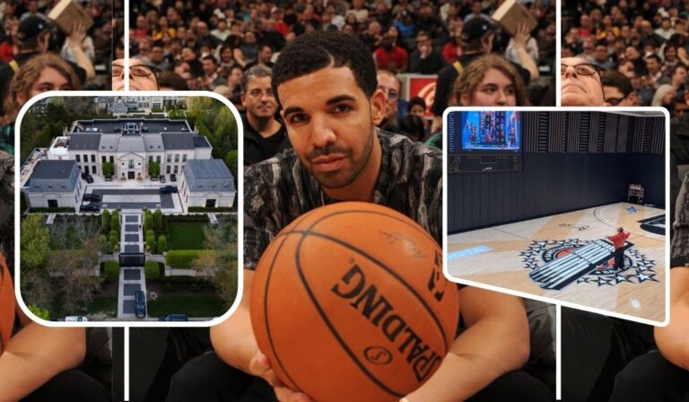 Rapper Drake, in the center, he holds a basketball, highlighting his passion for the sport. Surrounding him are two visuals: an aerial view of his extravagant $100 million mansion in Toronto, complete with meticulously landscaped grounds, and a glimpse of his impressive private NBA-sized basketball court, equipped with modern features.