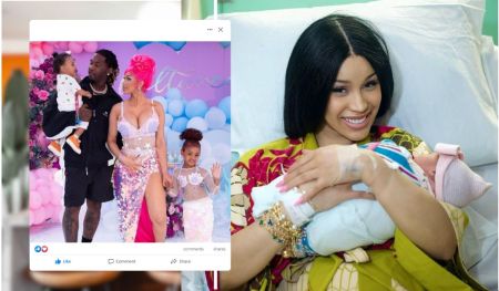 In a heartfelt moment, rapper Cardi B is seen celebrating with her ex-husband Offset and their children, Kulture and Wave, amidst colorful decorations. Additionally, Cardi is captured smiling warmly as she holds her newborn baby in a hospital setting, showcasing the joy of family and new beginnings.