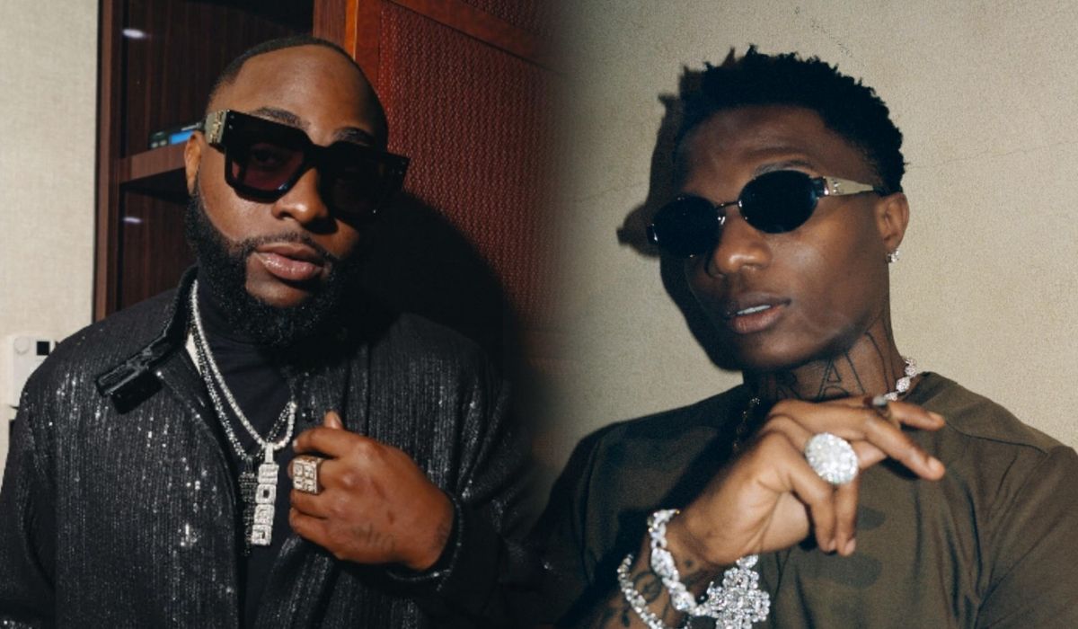 Composite featuring Nigerian music stars Davido on the left, wearing sunglasses and a shimmering jacket, and Wizkid on the right, sporting a dark shirt and intricate jewelry, both showcasing their signature stylish looks.