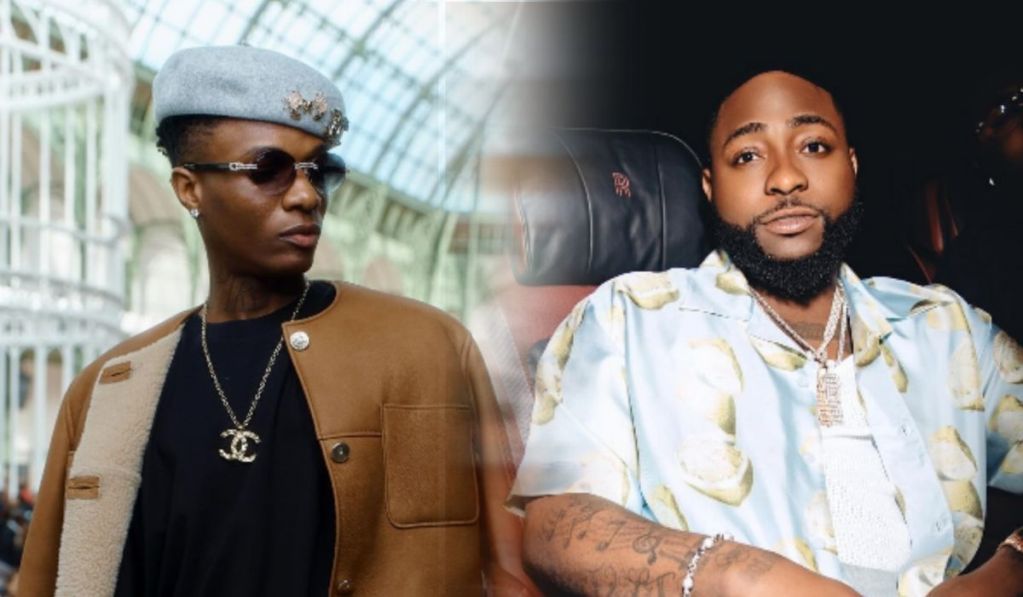 A split composite featuring two popular Nigerian singers: on the left, Wizkid wears sunglasses and a stylish beret, and on the right, Davido in a colourful shirt with a necklace while sitting in a car.