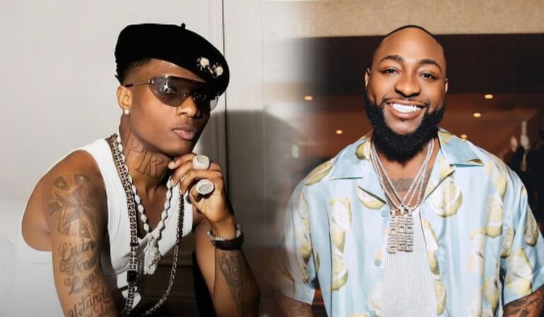 A composite featuring two prominent Nigerian singers: on the left, a stylish Wizkid in a black beret and sunglasses, showcasing tattoos and jewellery; on the right, Davido smiles in a colourful patterned shirt, adorned with multiple chains and a warm demeanour.