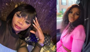 A collage featuring Karen Igho, the winner of Big Brother Africa. The left image shows her with a stylish bob haircut, wearing a black top and posing with a hand on her head. The right image captures her in a pink outfit, sitting in a car with soft waves in her hair, smiling elegantly.