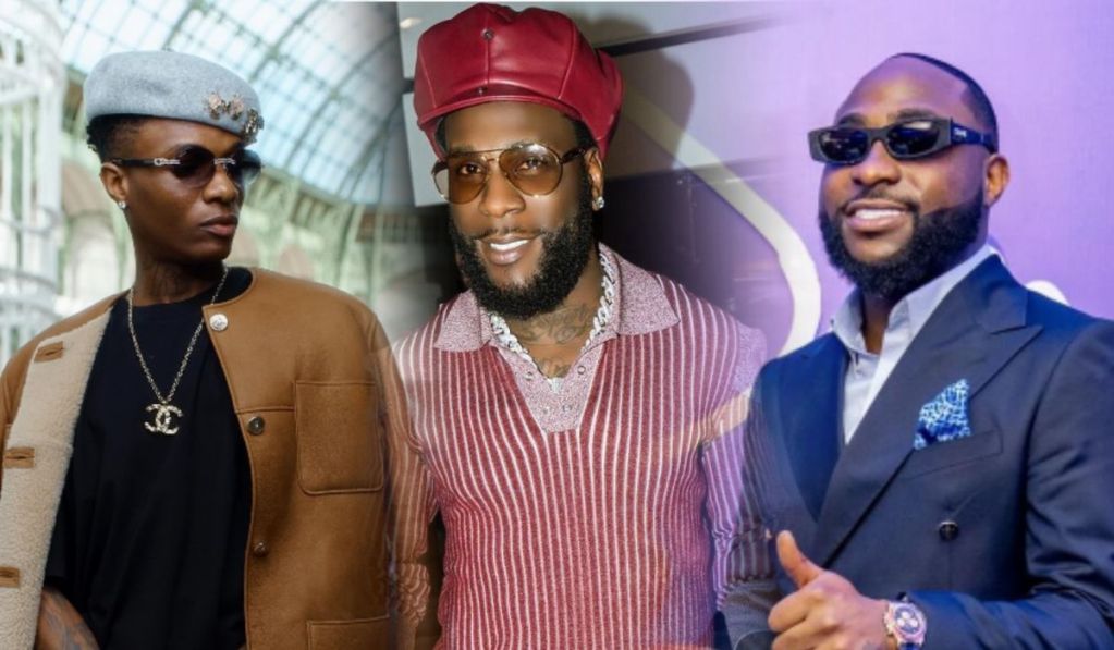 A vibrant composite featuring three iconic Nigerian singers: Wizkid on the left in stylish attire, Burna Boy in the center with a fashionable look, and Davido on the right displaying his signature style. Each artist embodies a unique fashion sense while showcasing their star status.